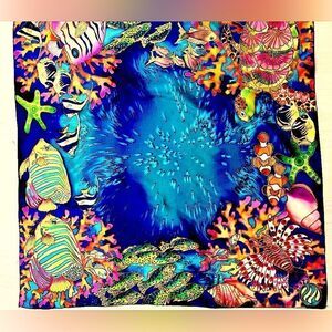 Vintage Lee Caldwell hand painted silk mtropical fish ocean scarf fabulous